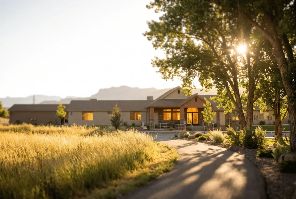Peaceful residential treatment facility for troubled teens at golden hour, with a curved pathway leading to a warm, inviting building under soft sunset light.