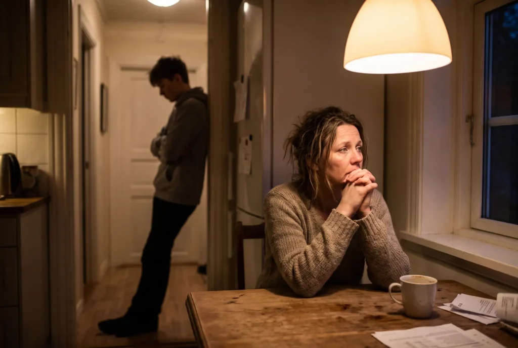Concerned mother sitting at kitchen table at night while teenage son stands in the background with arms crossed