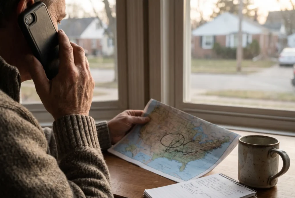 Parent hands holding phone while reviewing a US map and notes about out-of-state residential treatment options for their son