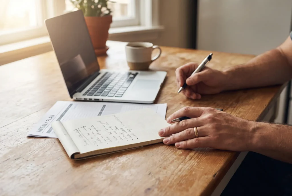 Parent hands writing a checklist at kitchen table while researching residential treatment enrollment process for their son