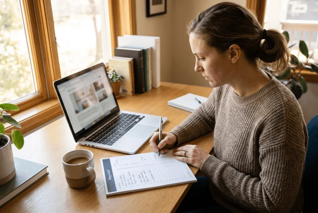 Mother sitting at desk with checklist and laptop researching residential treatment centers for her teenage son
