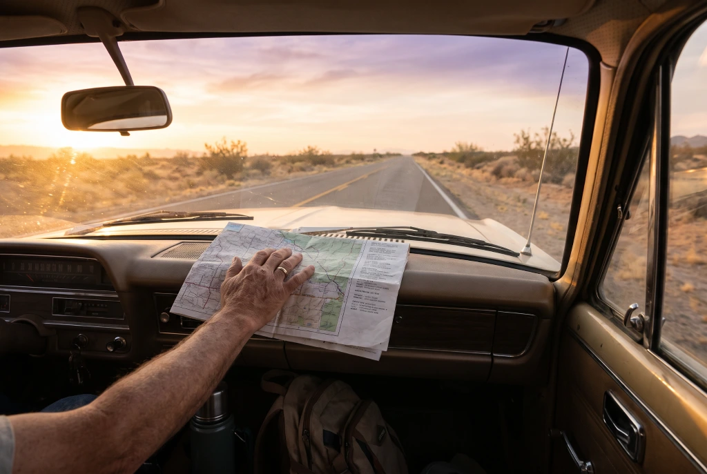 Parent driving toward open country at sunrise, map on the dashboard, on the way to out-of-state treatment for their son.